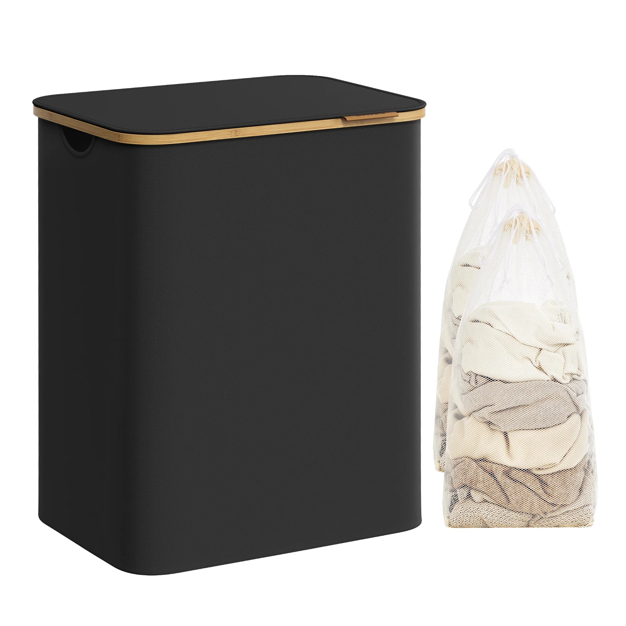 SONGMICS Cesto de Ropa Sucia con Tapa, Gran Cesta Colada de 2 Secciones, 130 L/65 L, Forro de Malla Extraíble, Tejido Oxford, Asas Bambú, Plegable, 52 x 38,5 x 70,5 cm/42 x 22,5 x 70,5 cm, Negro Tinta/Gris Paloma/Blanco Cre