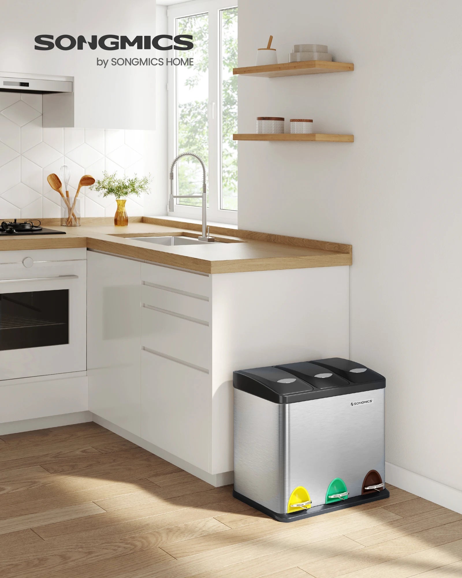 SONGMICS - Papelera de cocina, 3 x 8 L, con tapas, basura triple de acero para pequeñas familias, pedales y cuartos, fácil de limpiar, Plata y Negro/Blanco Crema y Marrón/Blanco Crema y Marrón/Negro/Blanco y Gris