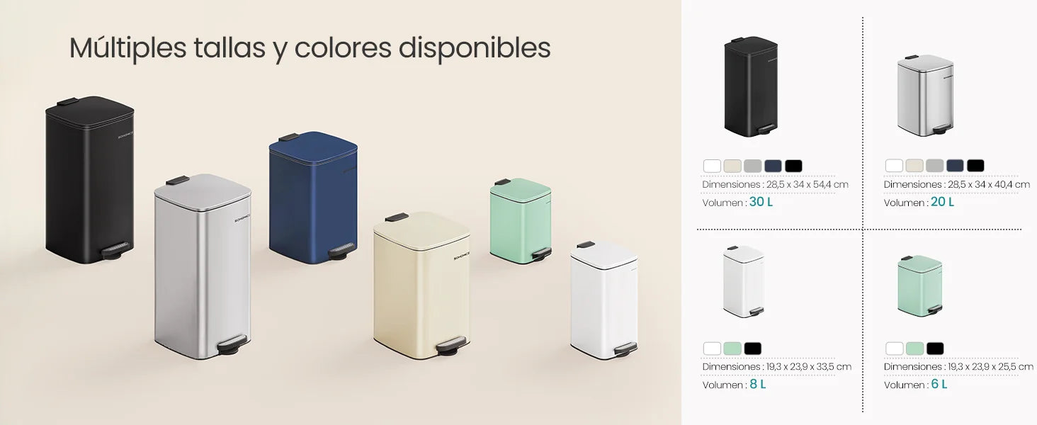 SONGMICS Cubo de Basura, Cubo de Basura de 20/30 L, Cubo de Basura de Cocina de Acero Inoxidable, con Cubo Interior, Cierre Suave y Permanece Abierto, Beige Arena/Negro Tinta/Plata Metálico/Azul Medianoche/Blanco Nube