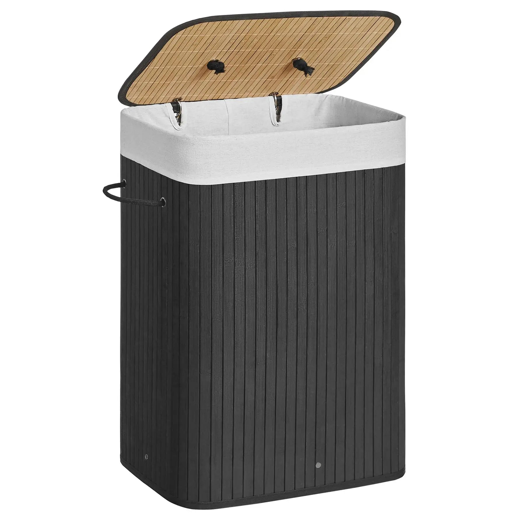 SONGMICS Cesto de la Ropa Sucia con Tapa, 72 L, Cesto de Lavandería de Bambú, Plegable, con Bolsa Lavable Extraíble, Asas, para Lavandería, Dormitorio, Gris/Natural/Negro/Blanco