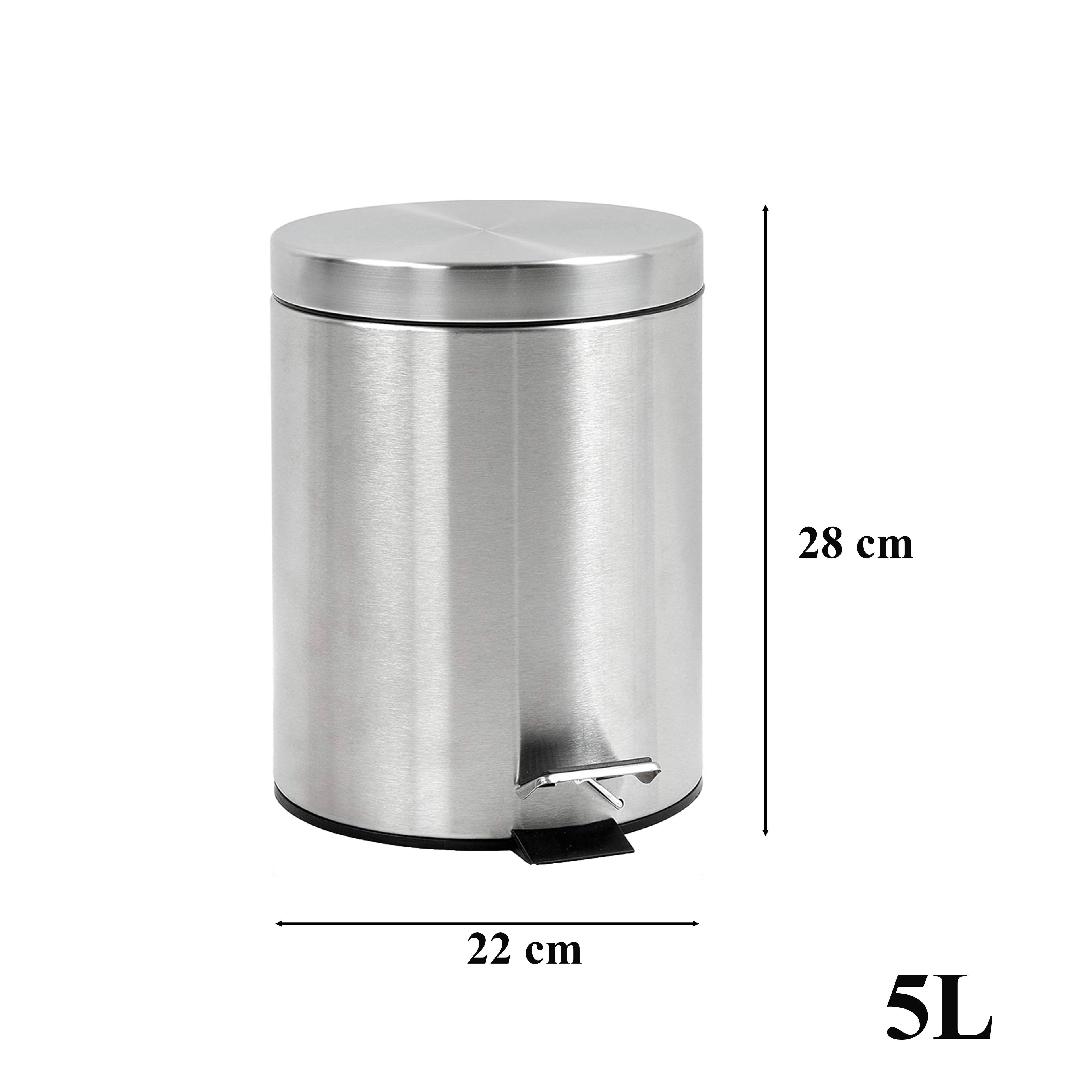 Papelera baño metal plateada, cubo de basura de 3L, 5L, 7L y 12L con pedal de acero inoxidable, papelera moderna de metal para baño con cubo interior de plástico.