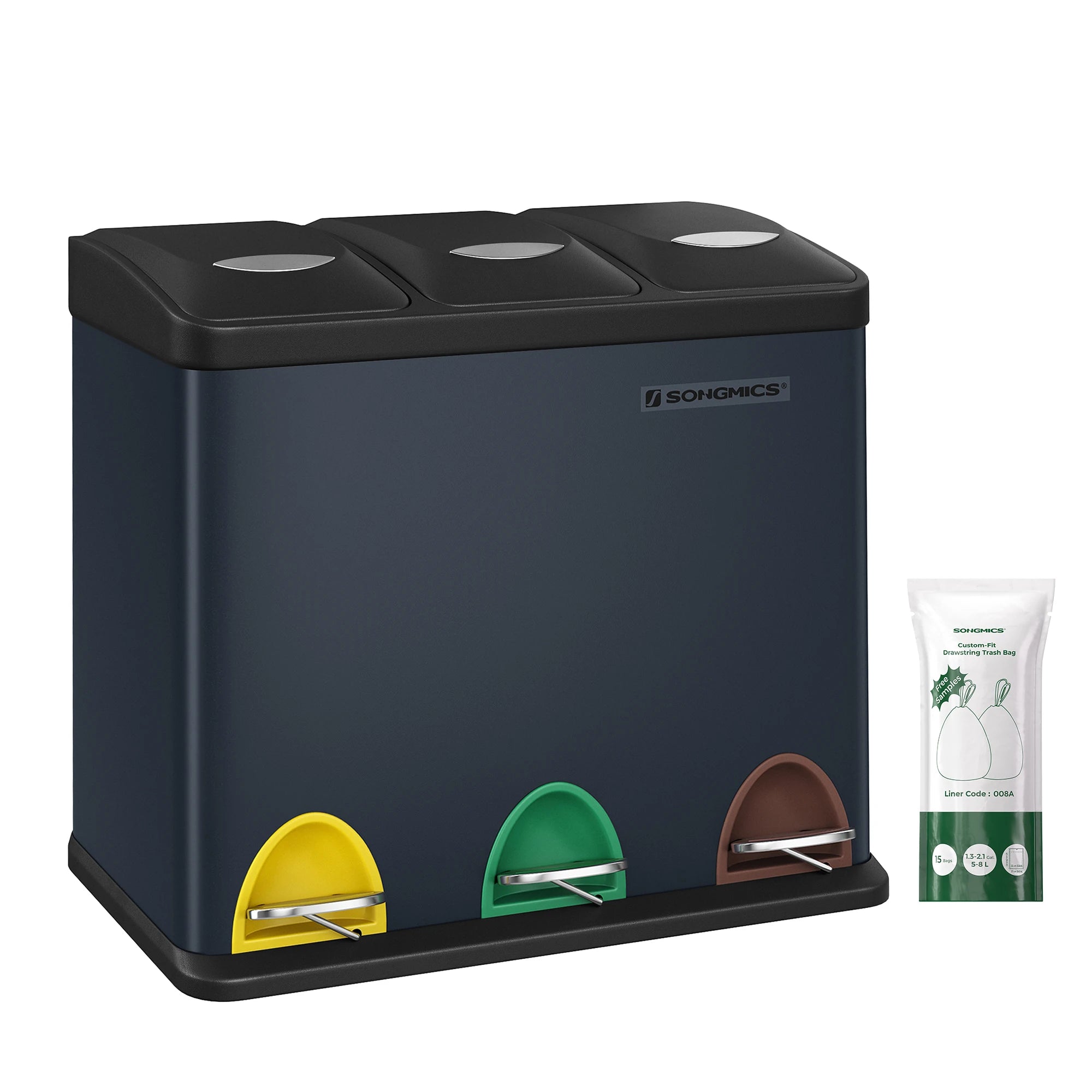 SONGMICS - Papelera de cocina, 3 x 8 L, con tapas, basura triple de acero para pequeñas familias, pedales y cuartos, fácil de limpiar, Plata y Negro/Blanco Crema y Marrón/Blanco Crema y Marrón/Negro/Blanco y Gris