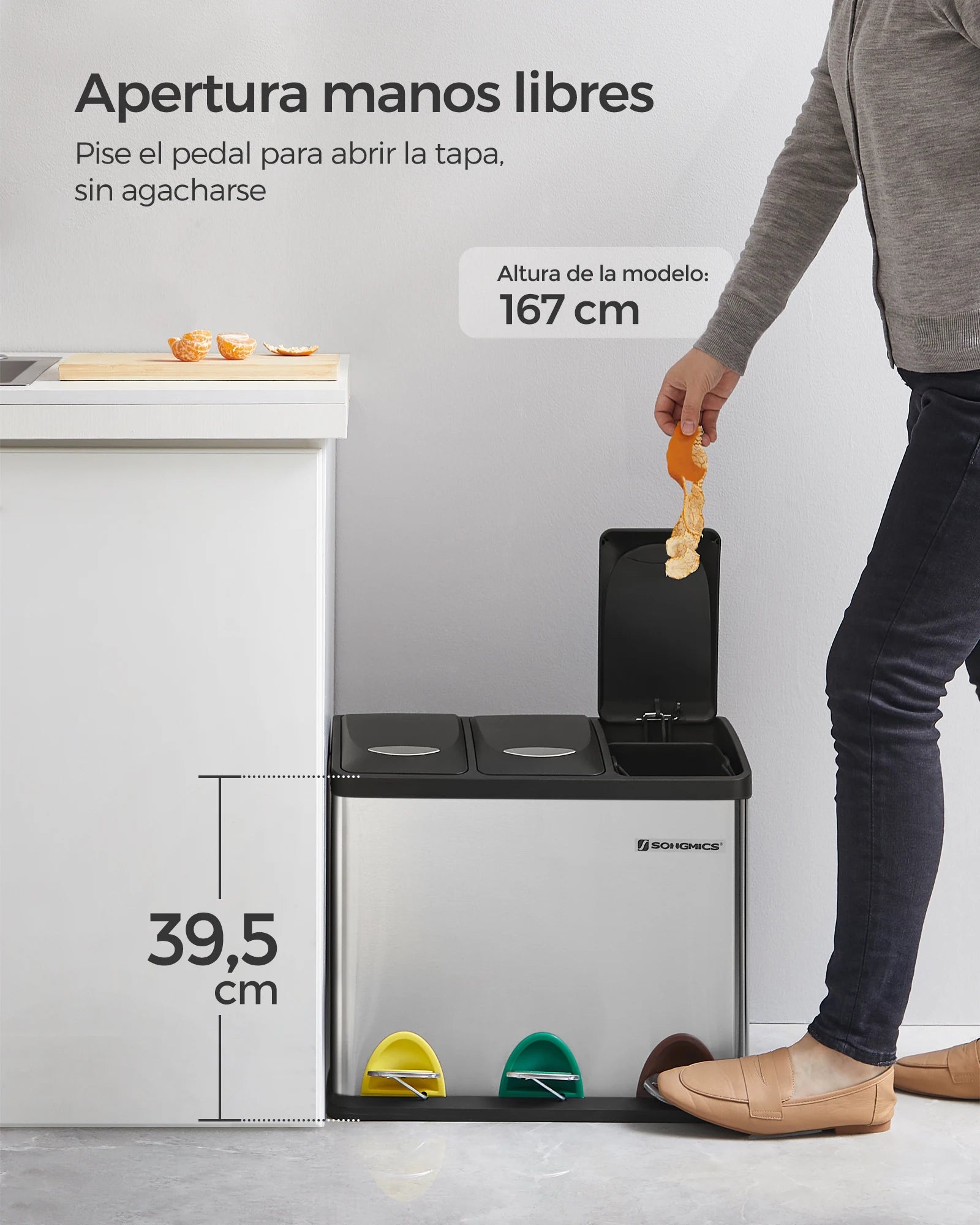 SONGMICS - Papelera de cocina, 3 x 8 L, con tapas, basura triple de acero para pequeñas familias, pedales y cuartos, fácil de limpiar, Plata y Negro/Blanco Crema y Marrón/Blanco Crema y Marrón/Negro/Blanco y Gris