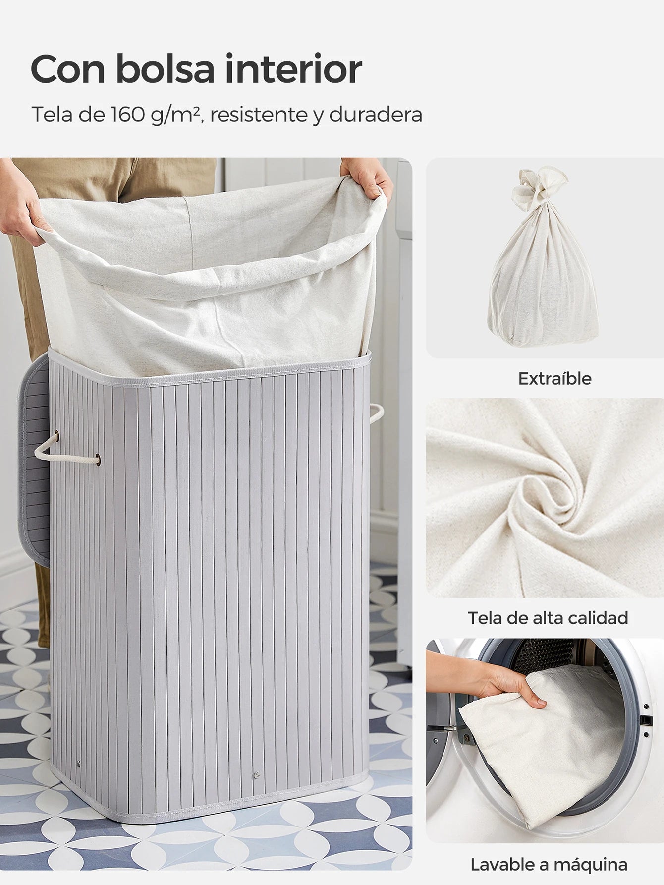 SONGMICS Cesto de la Ropa Sucia con Tapa, 72 L, Cesto de Lavandería de Bambú, Plegable, con Bolsa Lavable Extraíble, Asas, para Lavandería, Dormitorio, Gris/Natural/Negro/Blanco