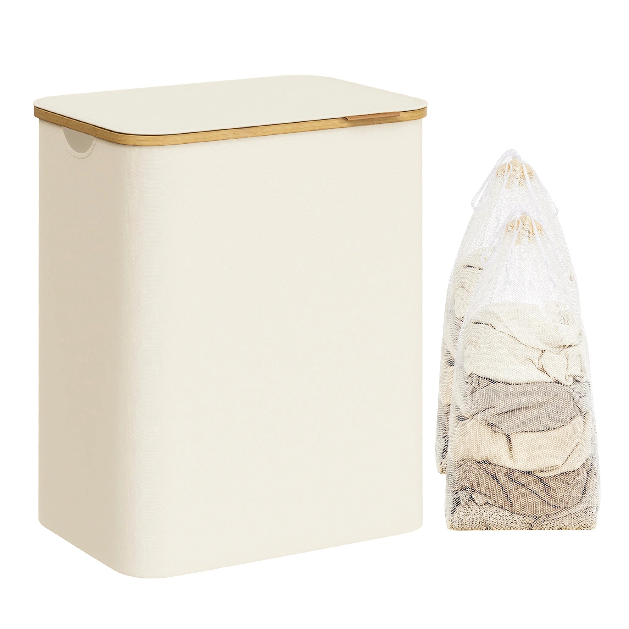 SONGMICS Cesto de Ropa Sucia con Tapa, Gran Cesta Colada de 2 Secciones, 130 L/65 L, Forro de Malla Extraíble, Tejido Oxford, Asas Bambú, Plegable, 52 x 38,5 x 70,5 cm/42 x 22,5 x 70,5 cm, Negro Tinta/Gris Paloma/Blanco Cre