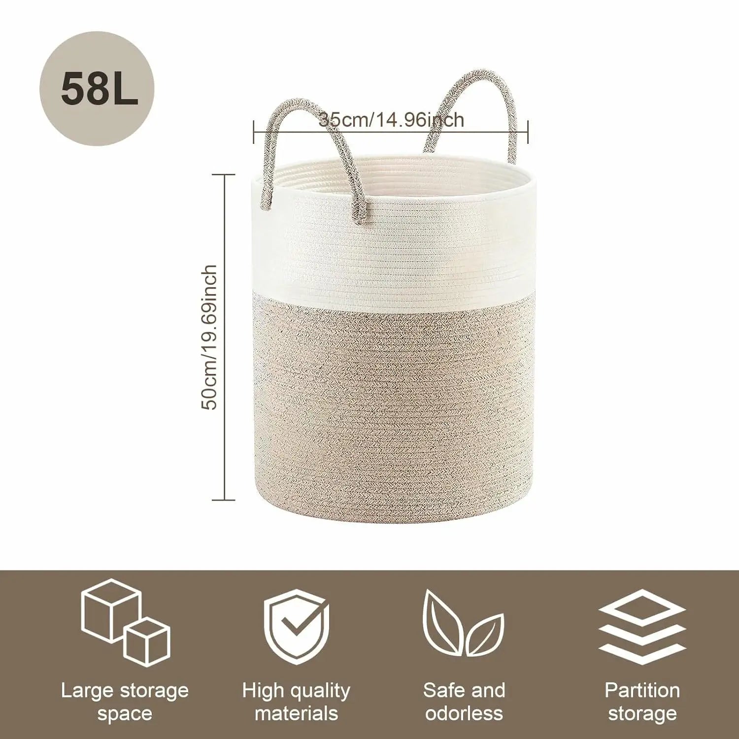 Cesta de Ropa Sucia de Cuerda de Algodón 58L | Cesto de Lavandería Plegable con Asas Reforzadas | Canasta Organizadora para Mantas, Juguetes y Dormitorio (38 × 50 cm)