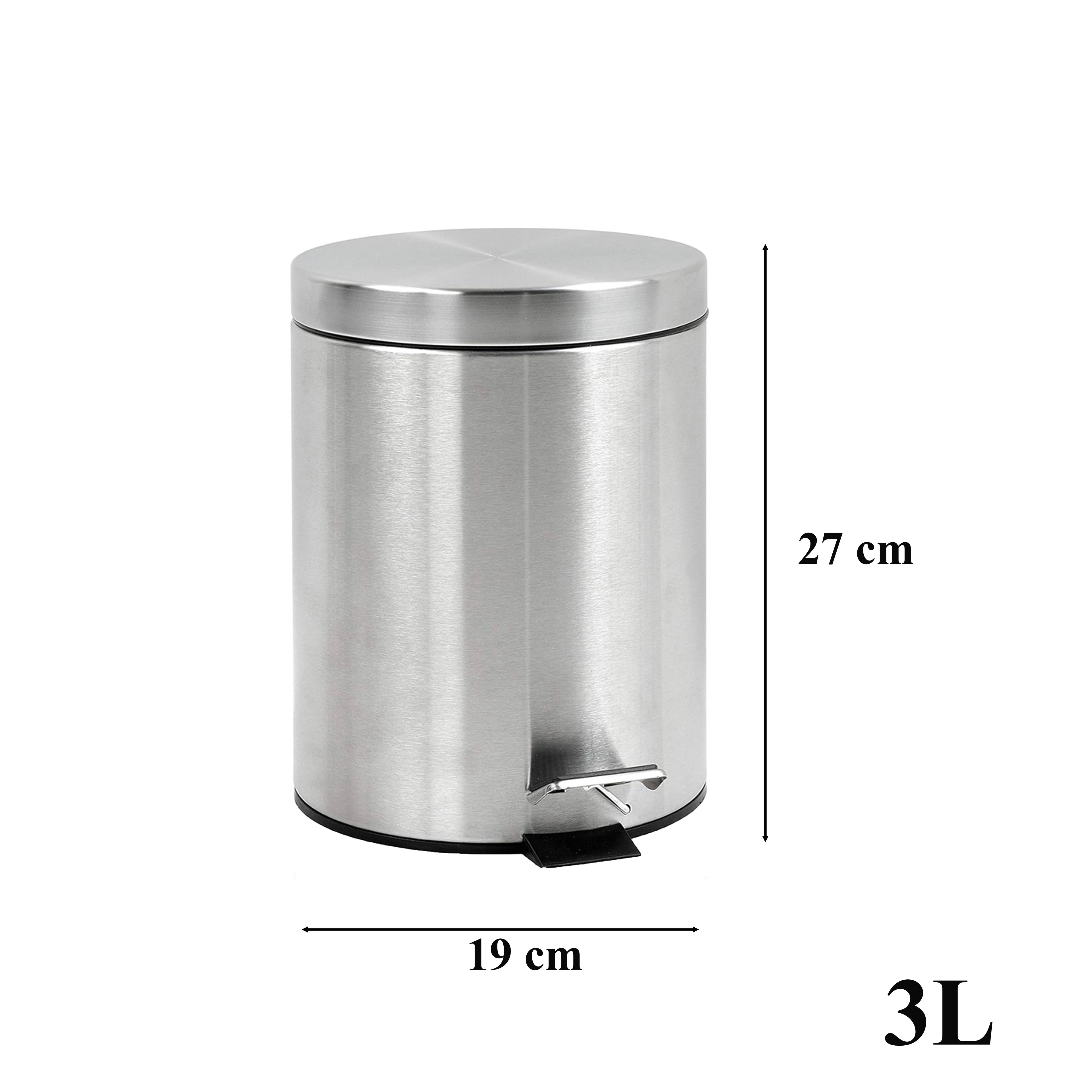 Papelera baño metal plateada, cubo de basura de 3L, 5L, 7L y 12L con pedal de acero inoxidable, papelera moderna de metal para baño con cubo interior de plástico.