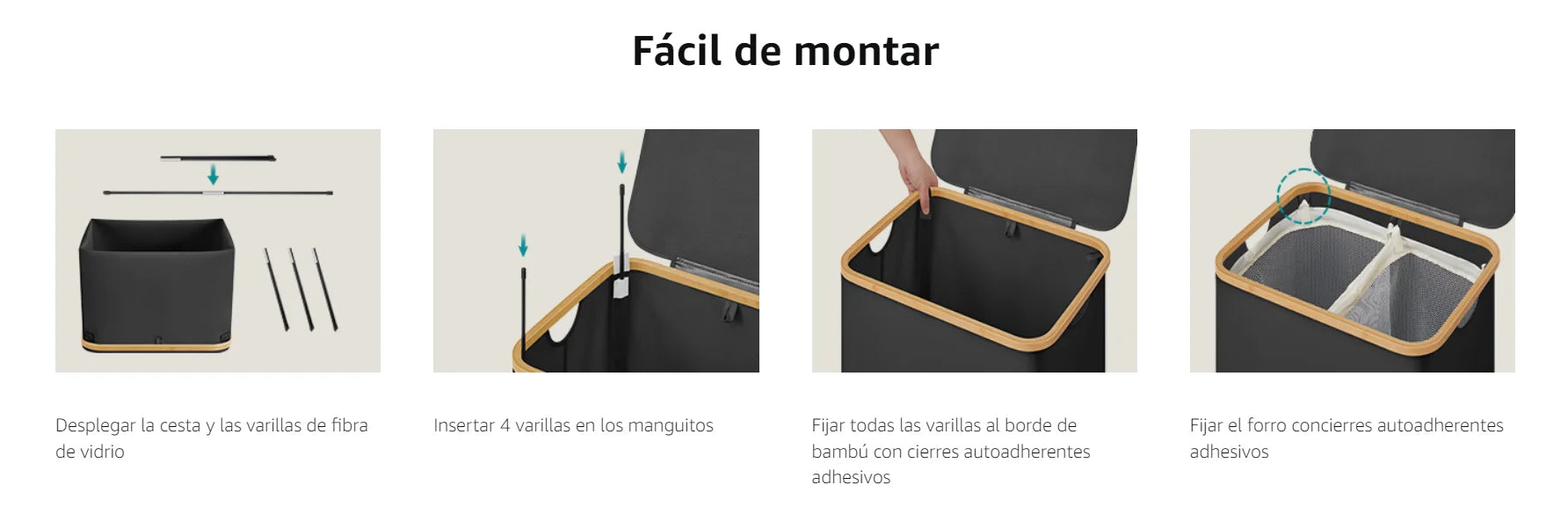 SONGMICS Cesto de Ropa Sucia con Tapa, Gran Cesta Colada de 2 Secciones, 130 L/65 L, Forro de Malla Extraíble, Tejido Oxford, Asas Bambú, Plegable, 52 x 38,5 x 70,5 cm/42 x 22,5 x 70,5 cm, Negro Tinta/Gris Paloma/Blanco Cre