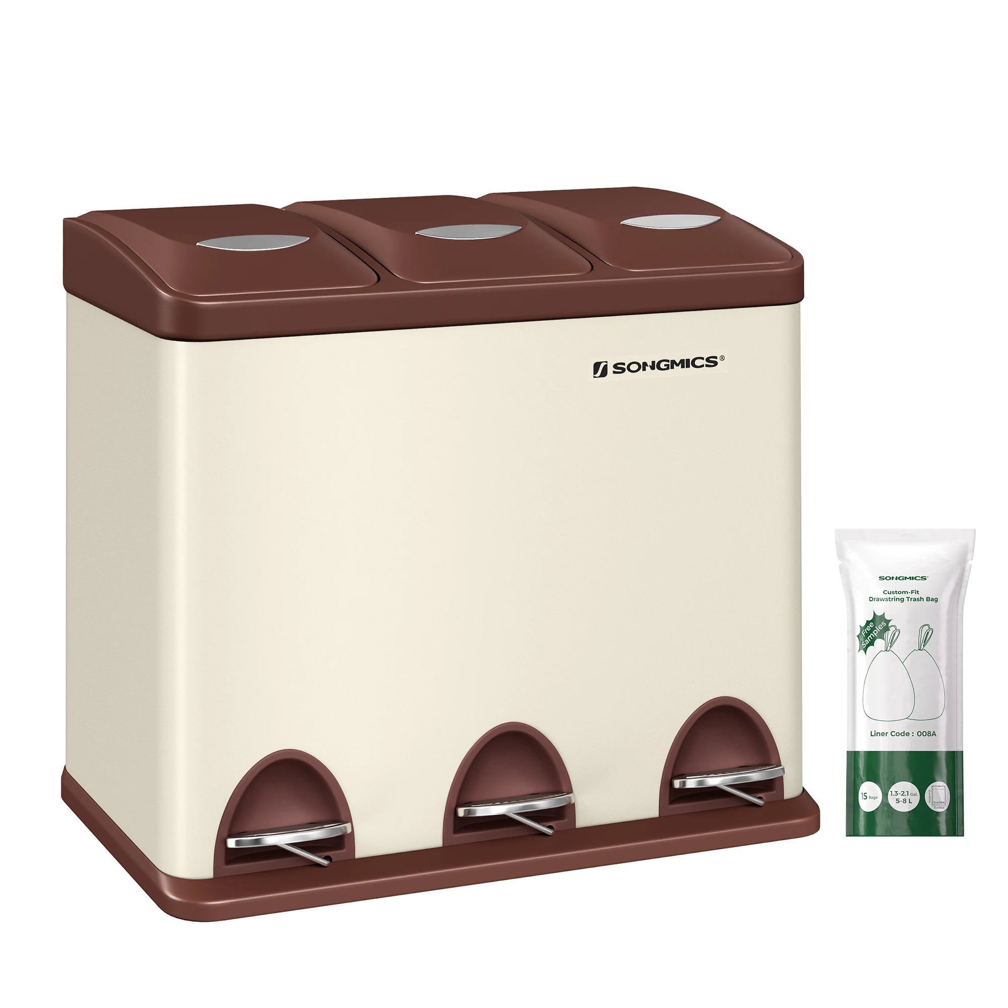 SONGMICS - Papelera de cocina, 3 x 8 L, con tapas, basura triple de acero para pequeñas familias, pedales y cuartos, fácil de limpiar, Plata y Negro/Blanco Crema y Marrón/Blanco Crema y Marrón/Negro/Blanco y Gris