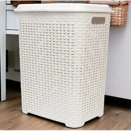 Cesta de la ropa Pongo todo Cesto Mimbre plástico para la Colada efecto Rattan (Blanco) COSHANO