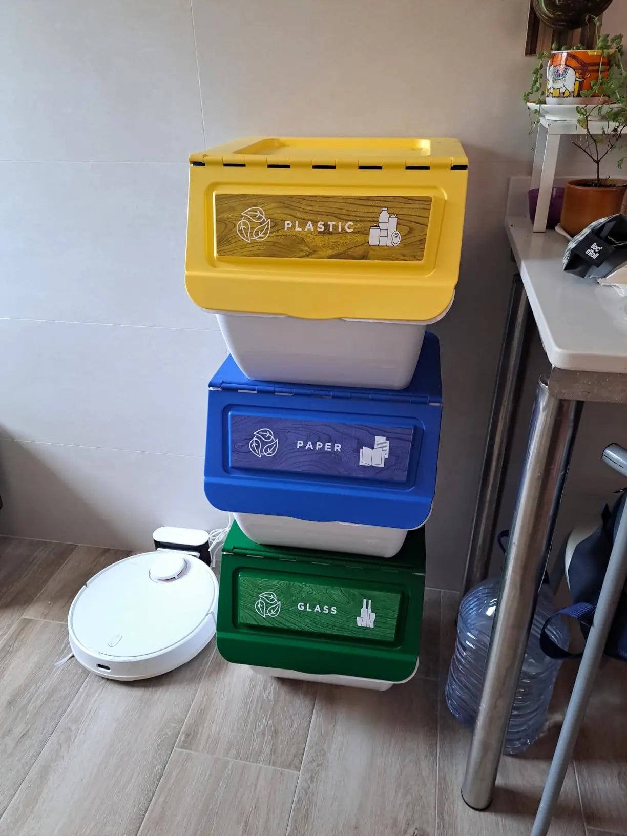 Cubo de Basura de Reciclaje - Pack 3 Cubos Apilables de Cocina con Ruedas - Capacidad 36 L - Ideal para Reciclar (Plástico - Papel - Vidrio)