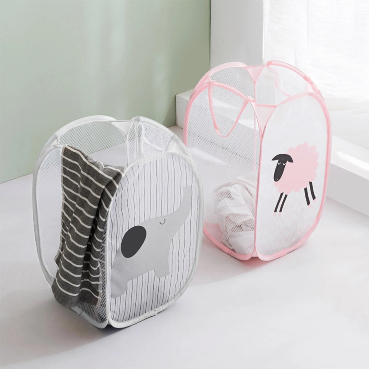 Cesta de ropa sucia de malla plegable de dibujos animados