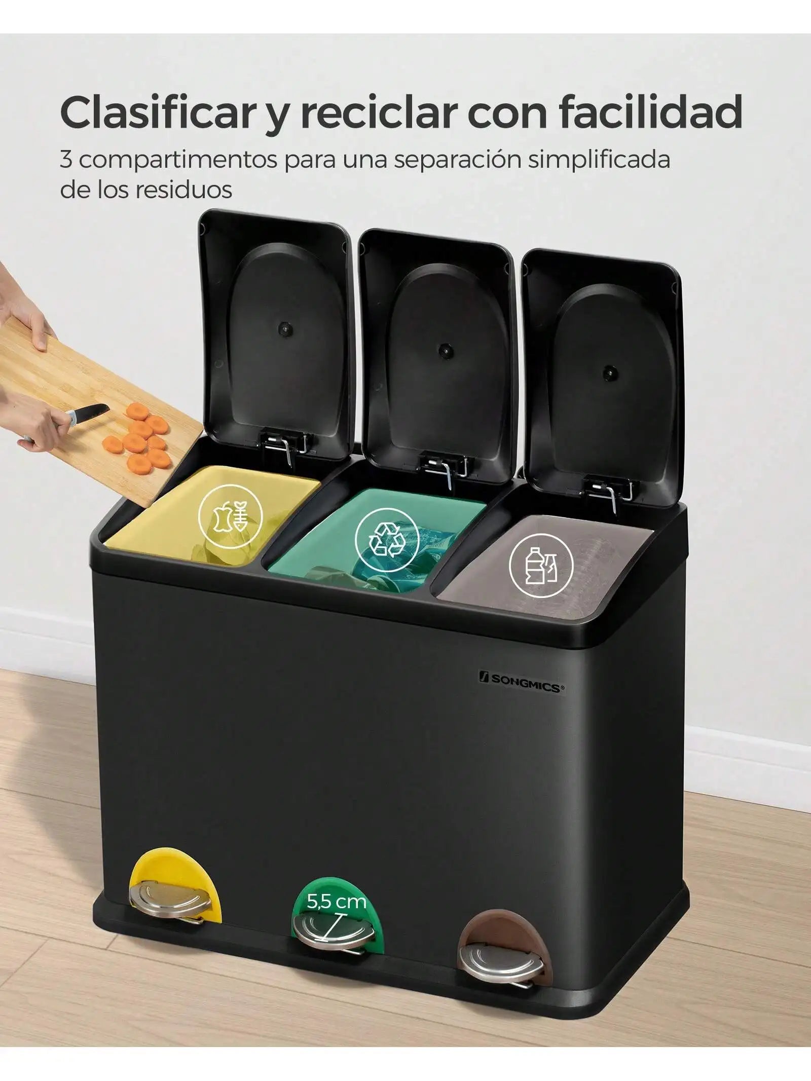 SONGMICS Cubo Triple para Cocina, Cubo Basura de Reciclaje, Pedal, Cubo de Basura de Metal 45 L, Sistema de Separación de Residuos Cubo para Cocina, 3 x 15 L, con Tapa, Acero, Plata/Blanco/Negro/Gris Verdoso