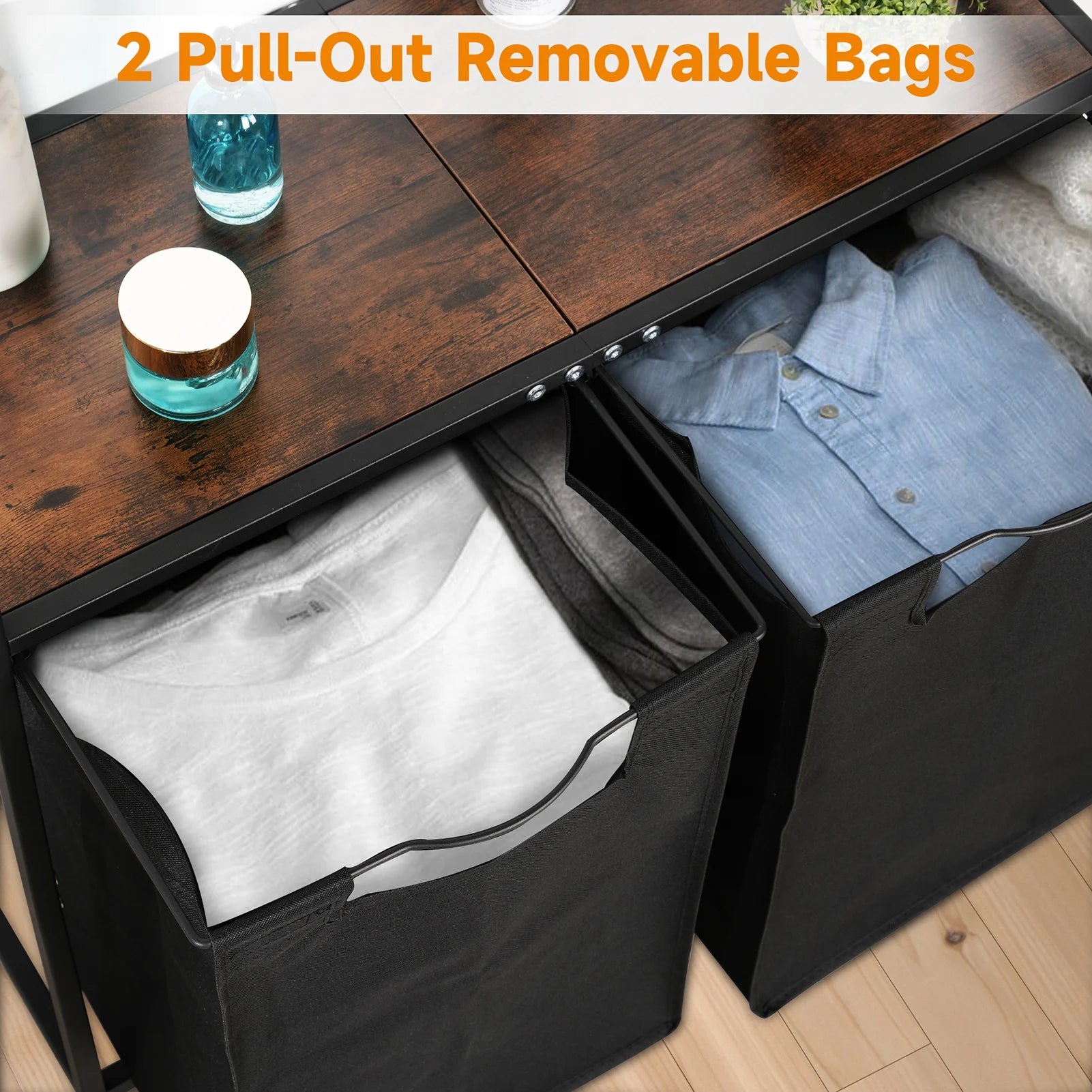 Cestos para la colada con mesa superior de madera natural, 2 bolsas extraíbles extraíbles, dos modos para llevar cesta para la colada