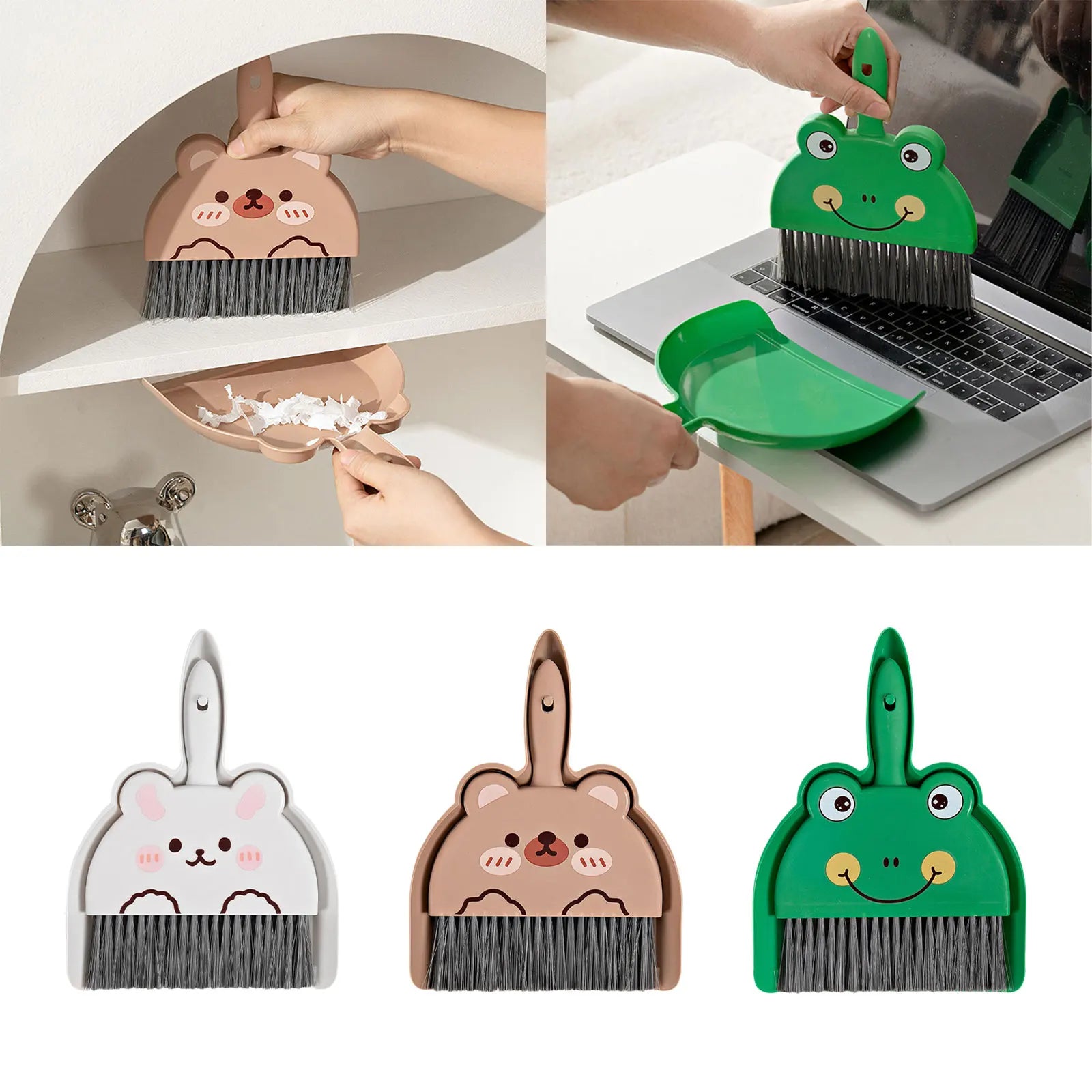 Mini recogedor y escoba de escritorio, cepillo de limpieza de rana para mesa de sala de estar, teclado, juego de limpieza de cepillo de pala de plástico para coche