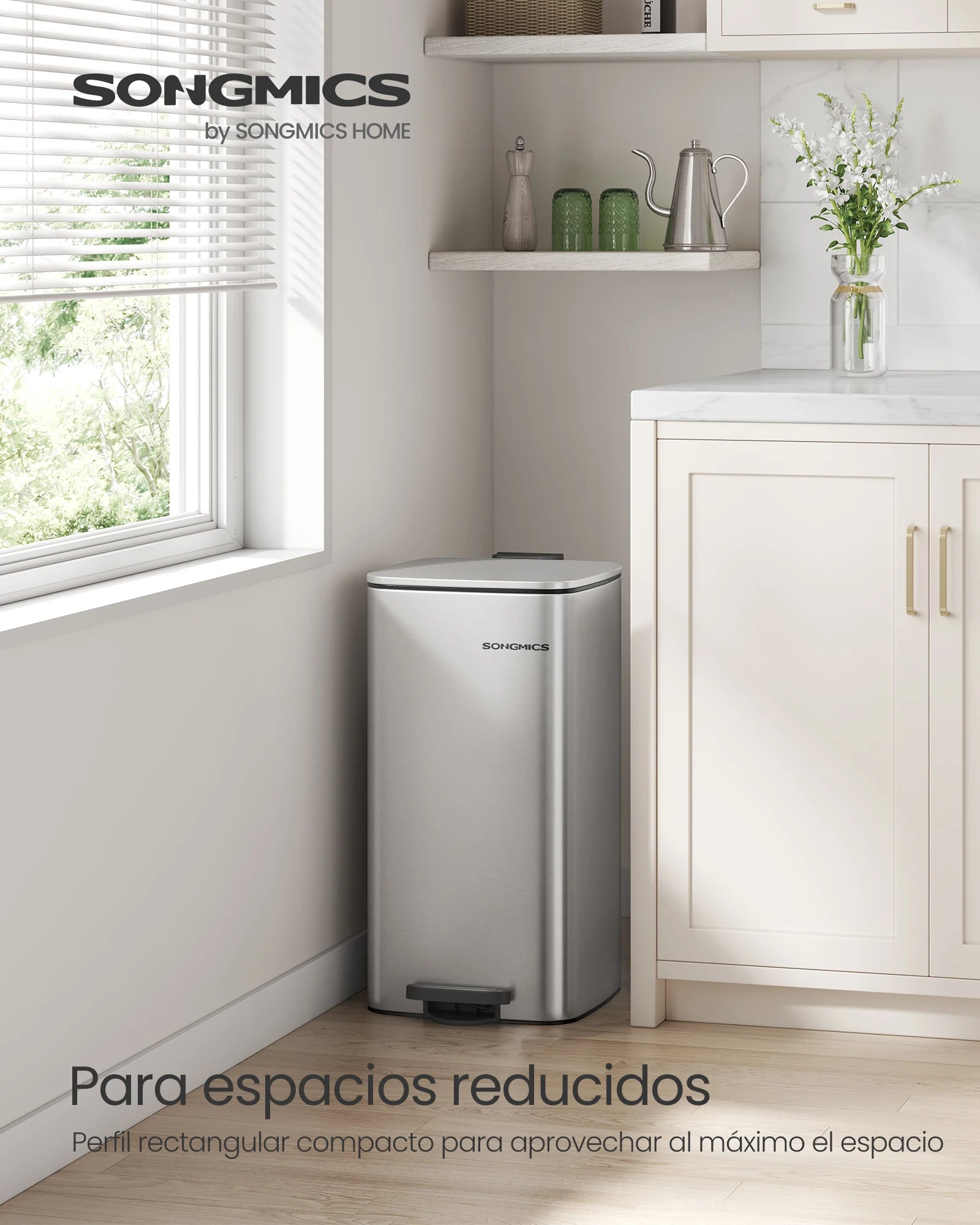 SONGMICS-papelera de cocina de 8 galones con Pedal de acero, cubo interior, cierre suave y se mantiene abierto, color plateado metálico, 30 L,Beige Arena/Negro Tinta