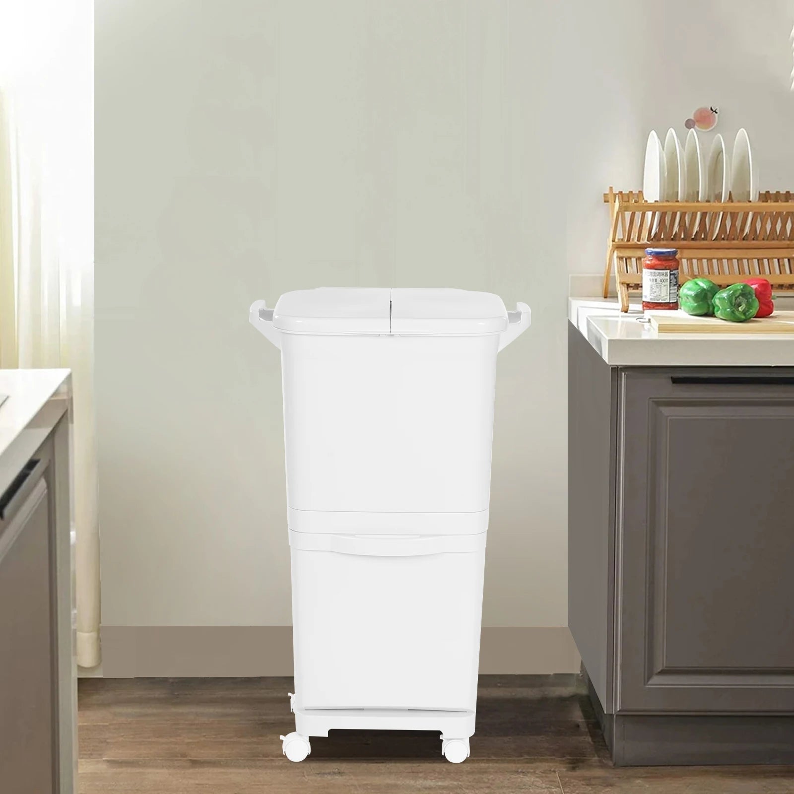 Cubo de basura de cocina de doble capa con tapa, clasificación en seco y húmedo, cubo de basura de gran capacidad para el hogar