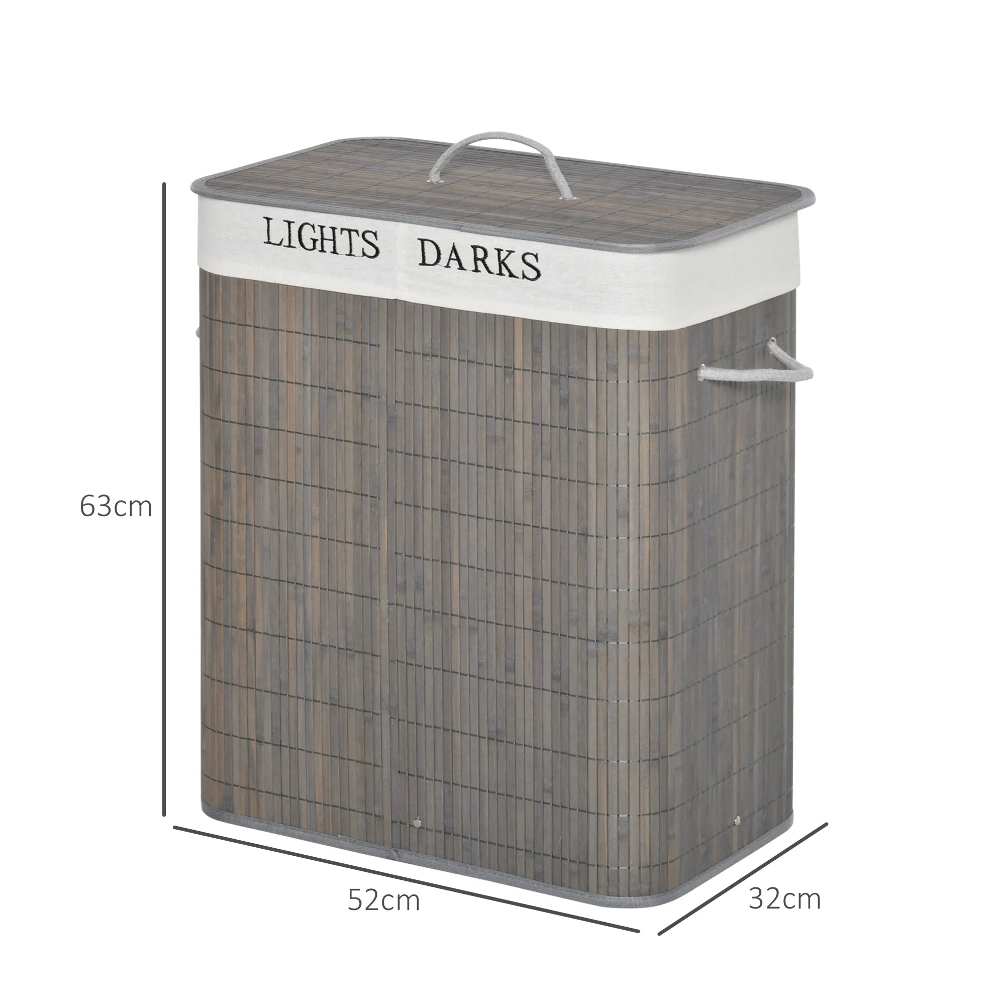 HOMCOM Cesto para Ropa Sucia de Bambú 100L con Tapa 2 Compartimentos 52x32x63 cm