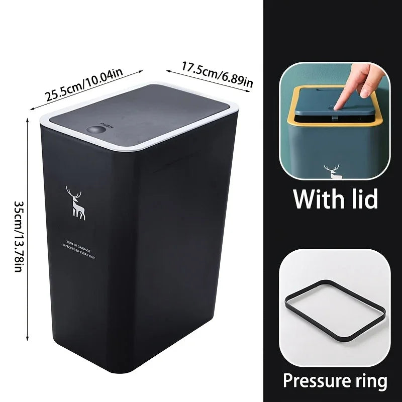 Cubo de basura para baño, cubo de basura de 15L con tapa superior de prensa para cocina, dormitorio, sala de estar, papelera de plástico con tapa emergente, 1 ud.