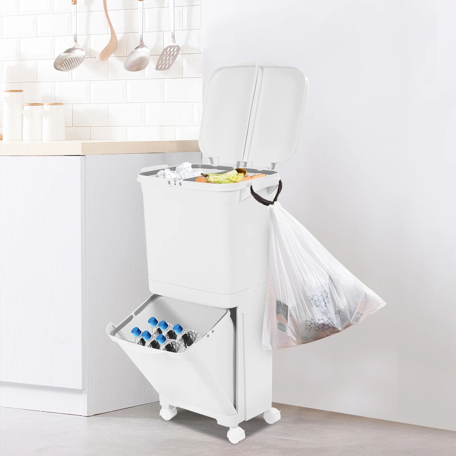 Cubo de basura de cocina de doble capa con tapa, clasificación en seco y húmedo, cubo de basura de gran capacidad para el hogar