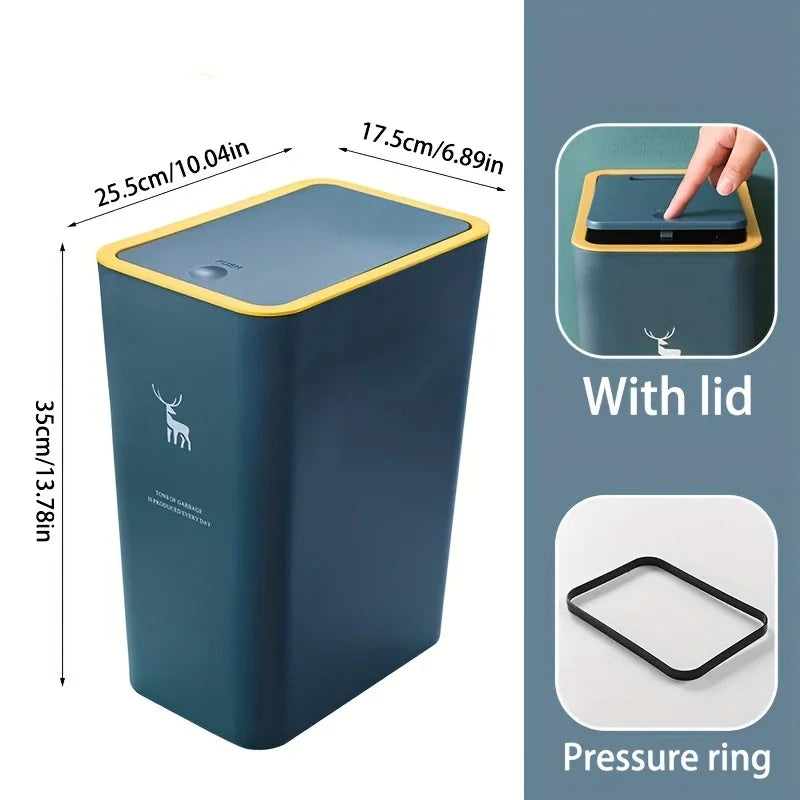 Cubo de basura para baño, cubo de basura de 15L con tapa superior de prensa para cocina, dormitorio, sala de estar, papelera de plástico con tapa emergente, 1 ud.