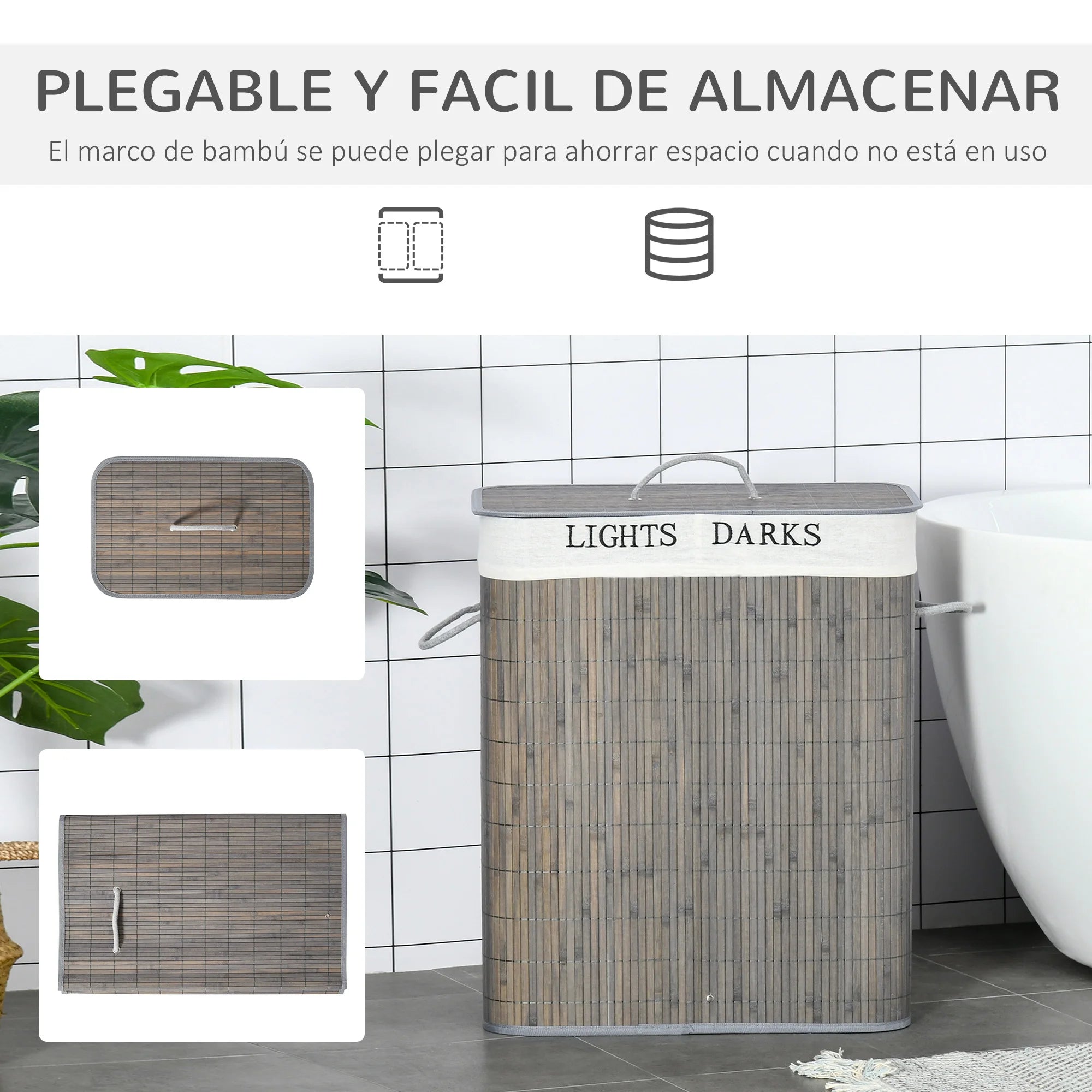 HOMCOM Cesto para Ropa Sucia de Bambú 100L con Tapa 2 Compartimentos 52x32x63 cm