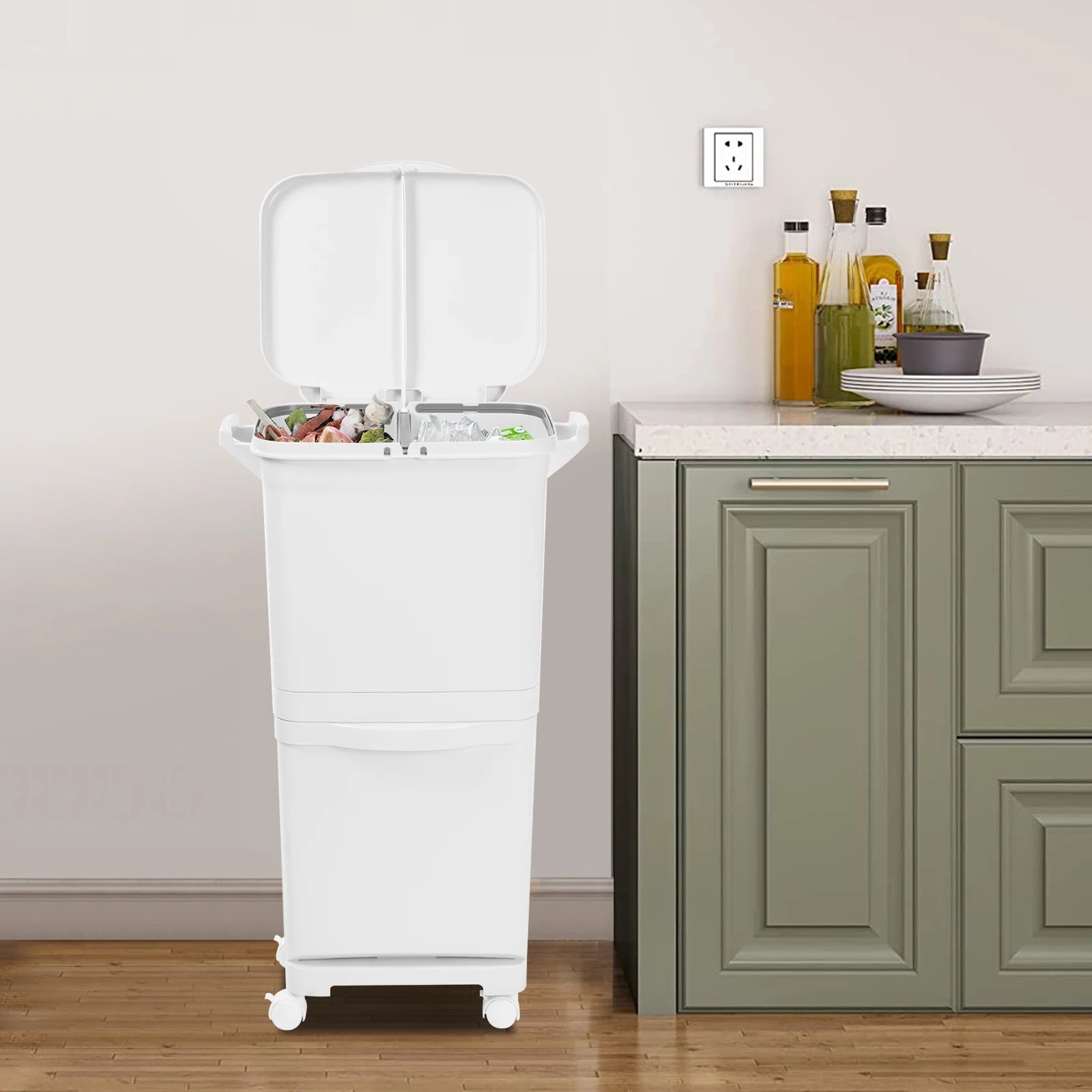 Cubo de basura de cocina de doble capa con tapa, clasificación en seco y húmedo, cubo de basura de gran capacidad para el hogar