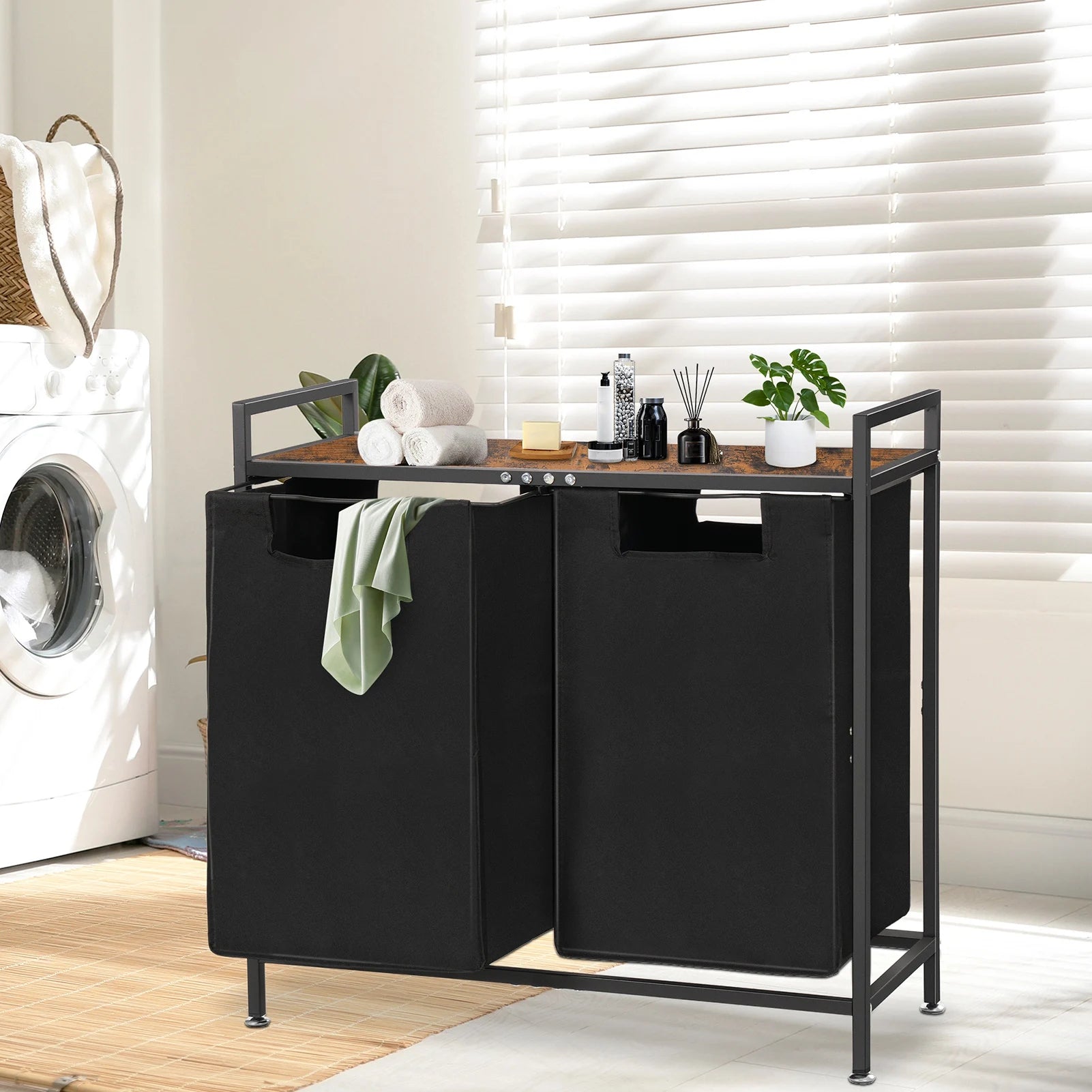 Cestos para la colada con mesa superior de madera natural, 2 bolsas extraíbles extraíbles, dos modos para llevar cesta para la colada