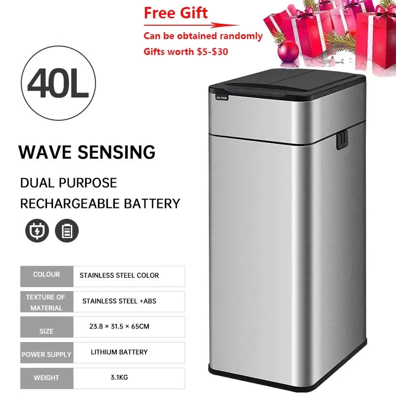 Cubo de basura de 9/15/20/30/40/50/60L, cubo de basura con Sensor inteligente de acero inoxidable de gran capacidad, cubo de basura automático, cubo de basura de cocina