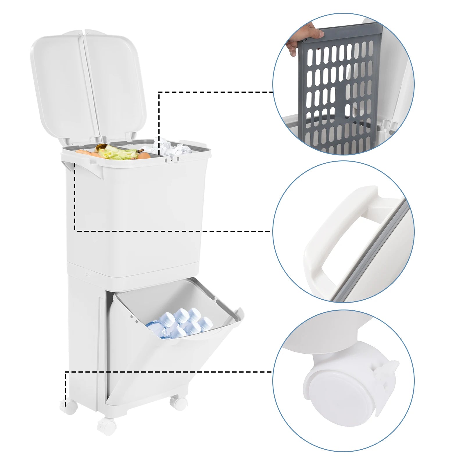 Cubo de basura de cocina de doble capa con tapa, clasificación en seco y húmedo, cubo de basura de gran capacidad para el hogar