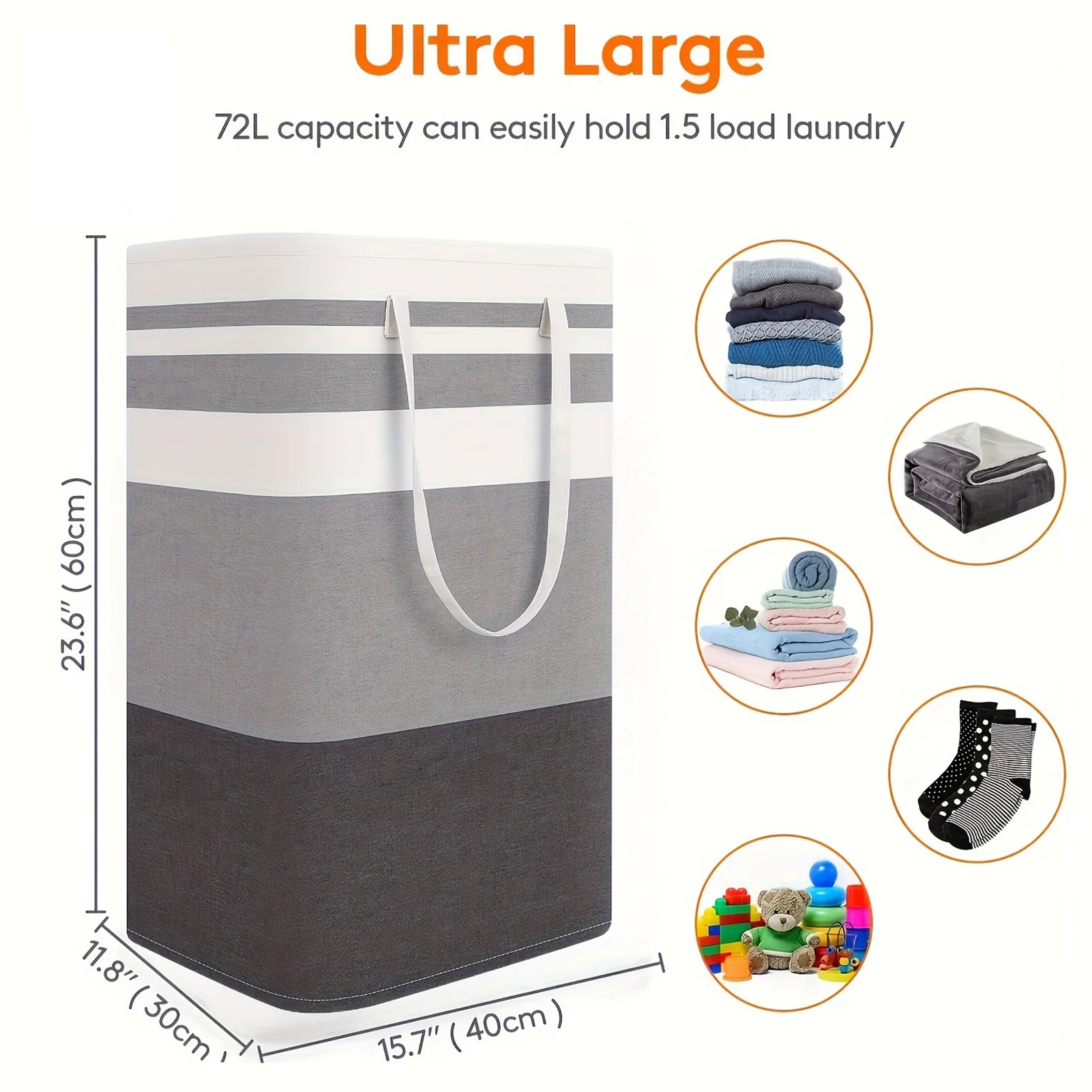 Cestas grandes para la colada de 75L con asas, cesto duradero para ropa sucia, cesta de almacenamiento para el hogar, dormitorio, hoteles, lavandería 40*30*60cm