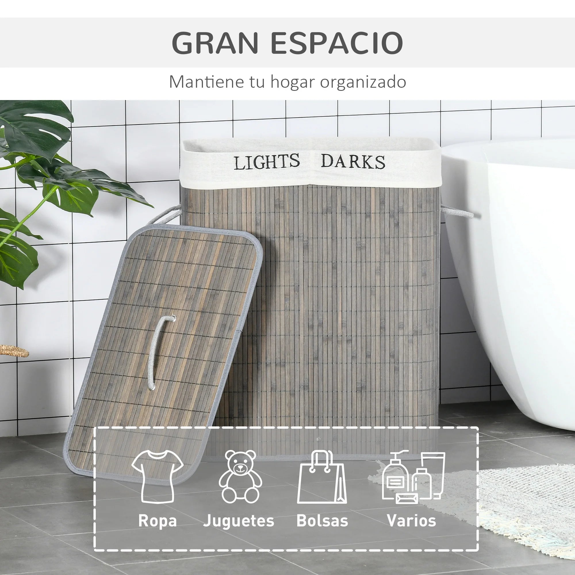 HOMCOM Cesto para Ropa Sucia de Bambú 100L con Tapa 2 Compartimentos 52x32x63 cm