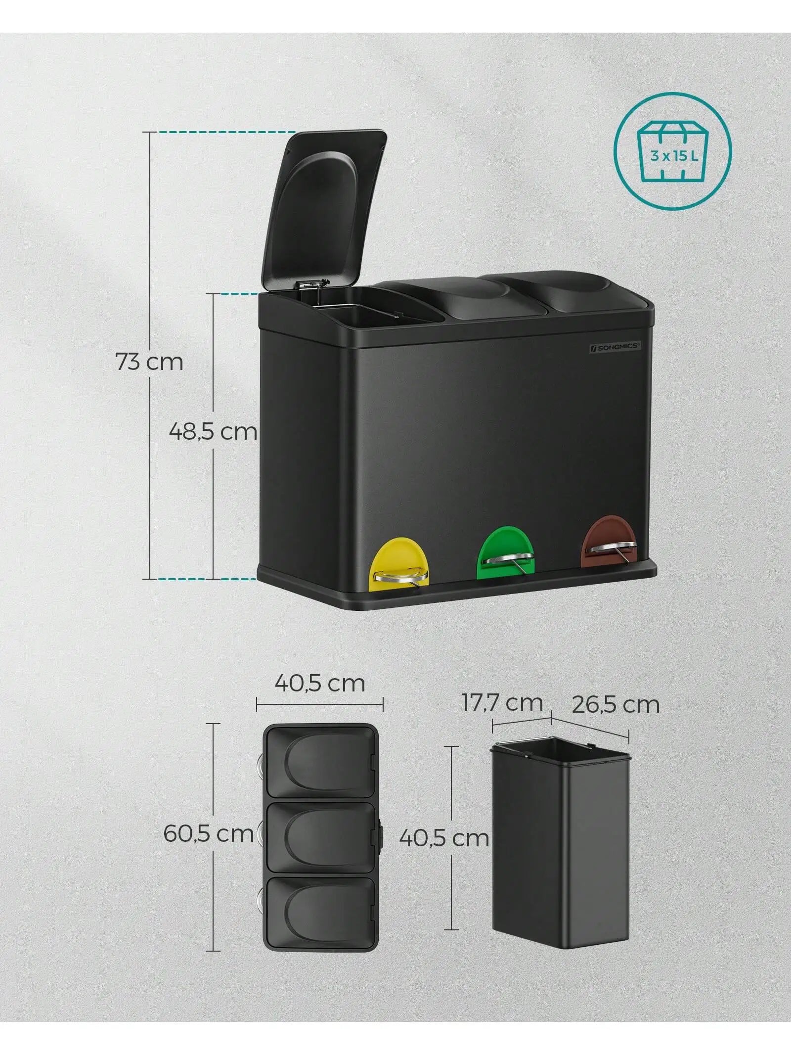 SONGMICS Cubo Triple para Cocina, Cubo Basura de Reciclaje, Pedal, Cubo de Basura de Metal 45 L, Sistema de Separación de Residuos Cubo para Cocina, 3 x 15 L, con Tapa, Acero, Plata/Blanco/Negro/Gris Verdoso