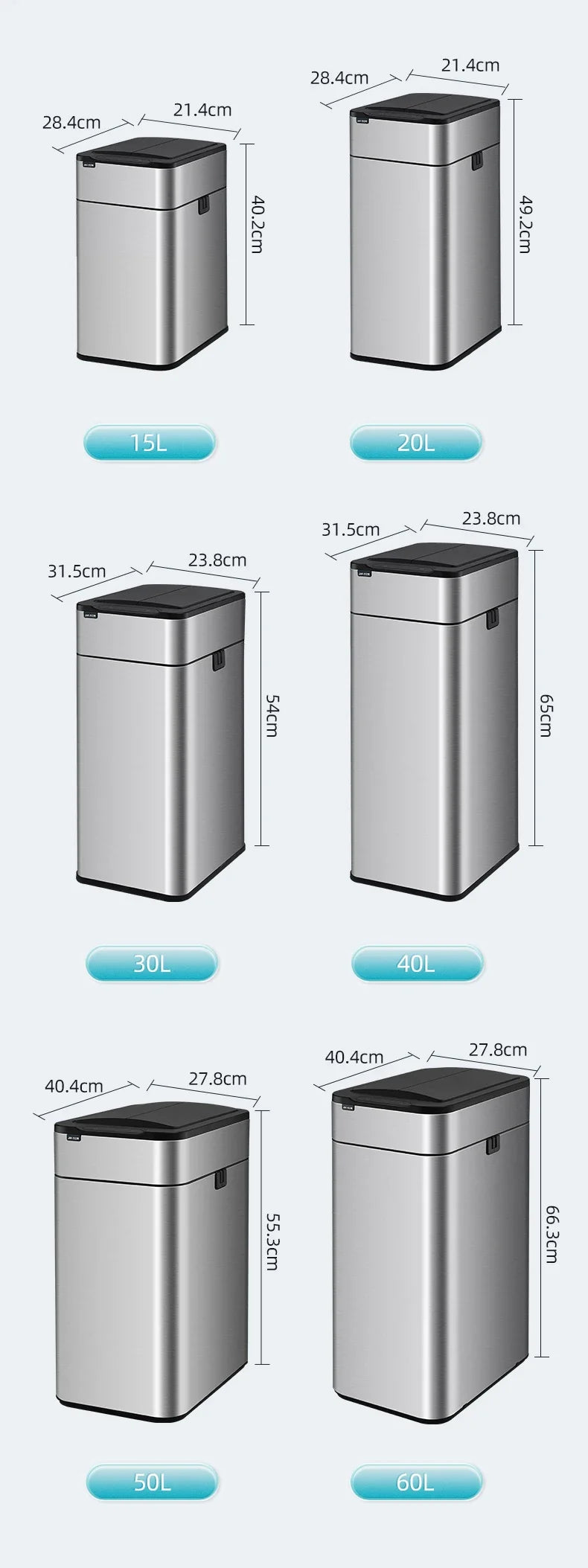 Cubo de basura de 9/15/20/30/40/50/60L, cubo de basura con Sensor inteligente de acero inoxidable de gran capacidad, cubo de basura automático, cubo de basura de cocina