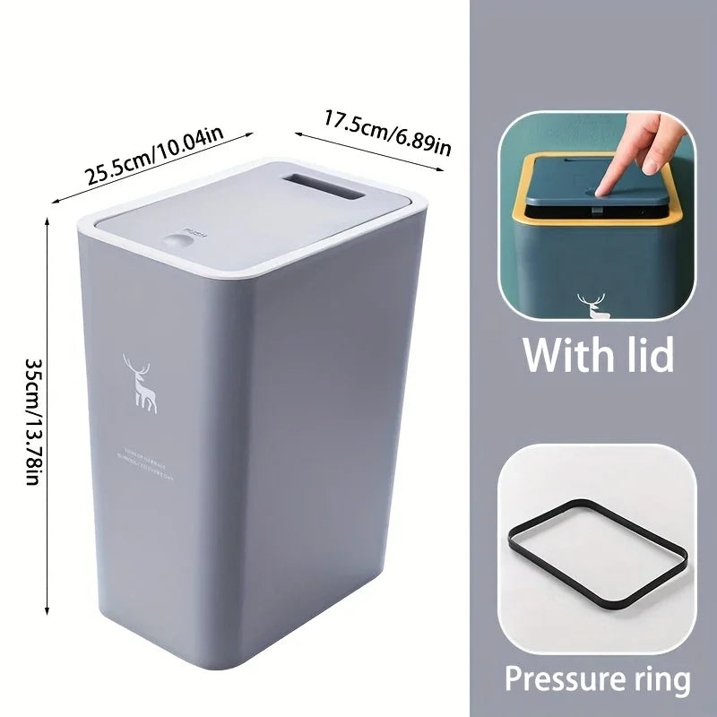 Cubo de basura para baño, cubo de basura de 15L con tapa superior de prensa para cocina, dormitorio, sala de estar, papelera de plástico con tapa emergente, 1 ud.