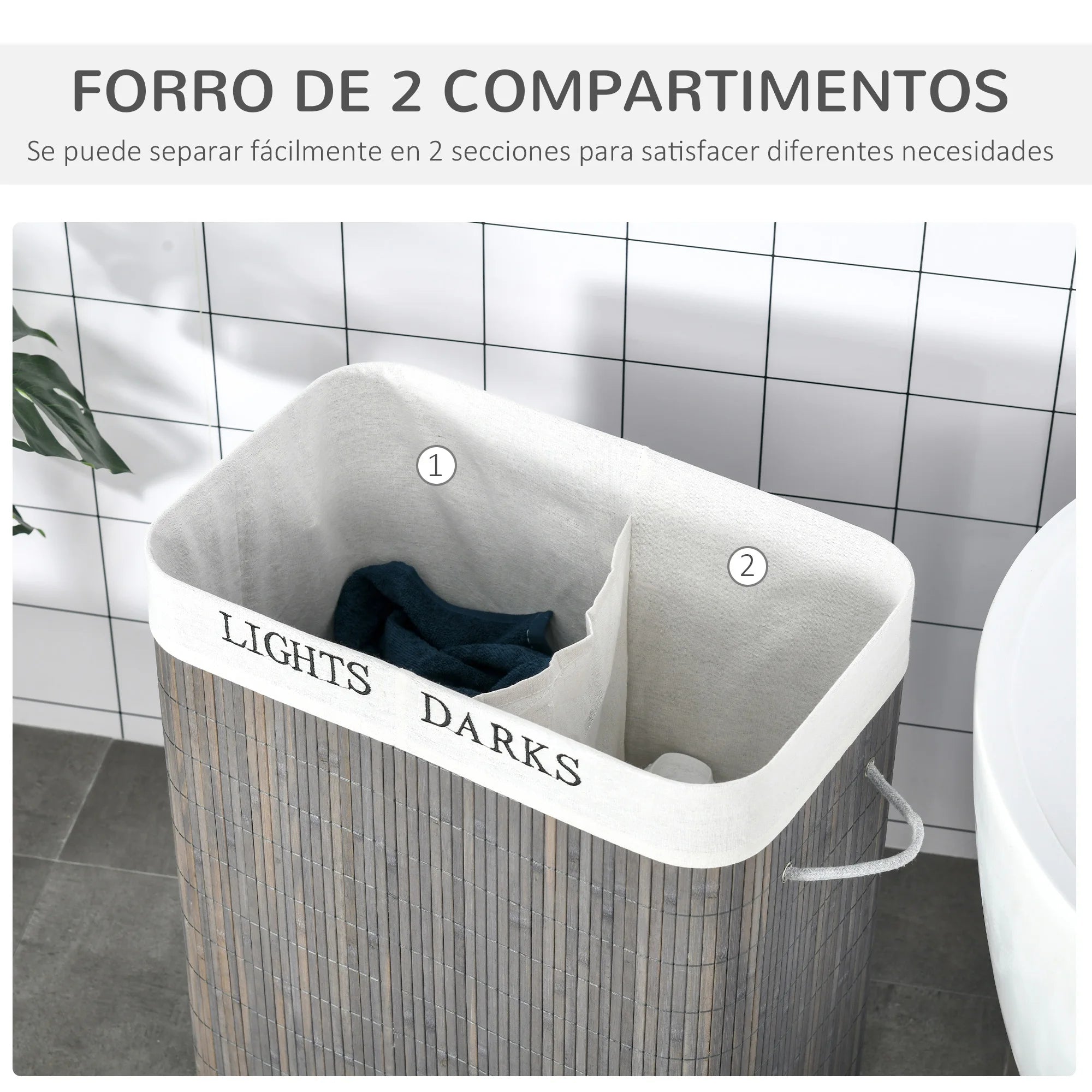 HOMCOM Cesto para Ropa Sucia de Bambú 100L con Tapa 2 Compartimentos 52x32x63 cm