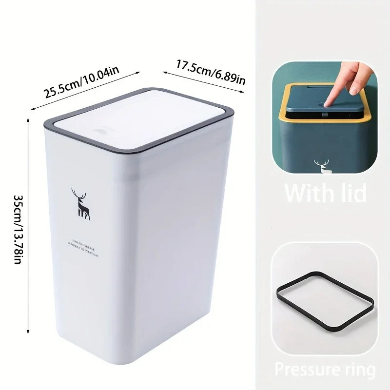 Cubo de basura para baño, cubo de basura de 15L con tapa superior de prensa para cocina, dormitorio, sala de estar, papelera de plástico con tapa emergente, 1 ud.