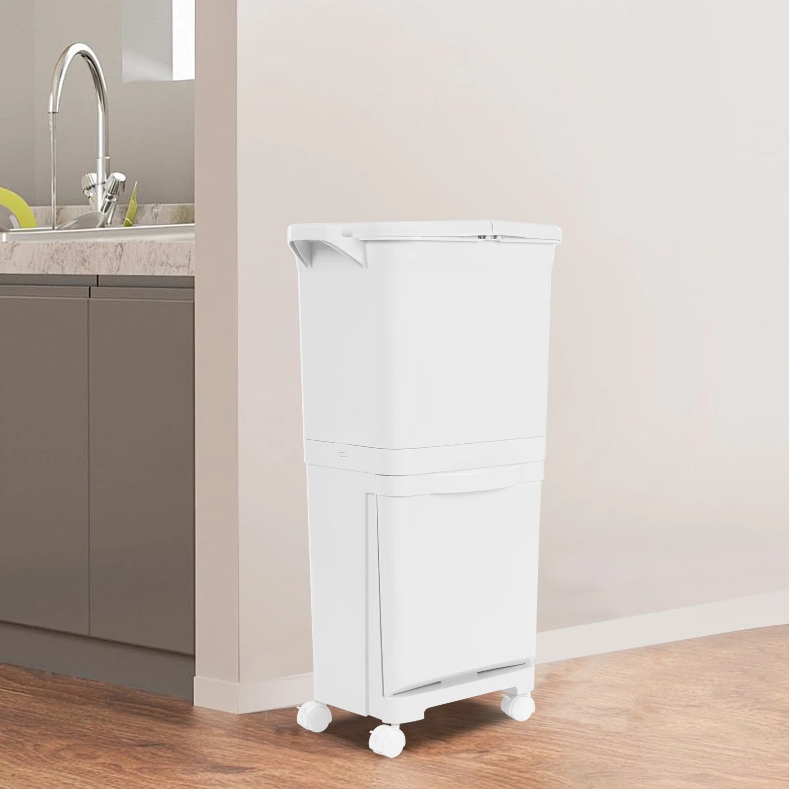 Cubo de basura de cocina de doble capa con tapa, clasificación en seco y húmedo, cubo de basura de gran capacidad para el hogar