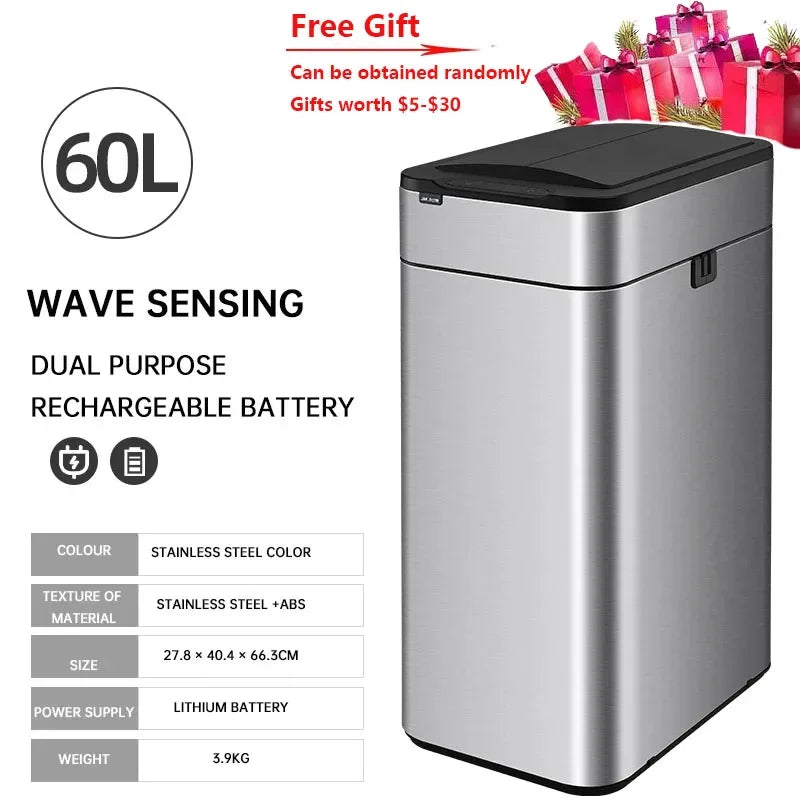 Cubo de basura de 9/15/20/30/40/50/60L, cubo de basura con Sensor inteligente de acero inoxidable de gran capacidad, cubo de basura automático, cubo de basura de cocina
