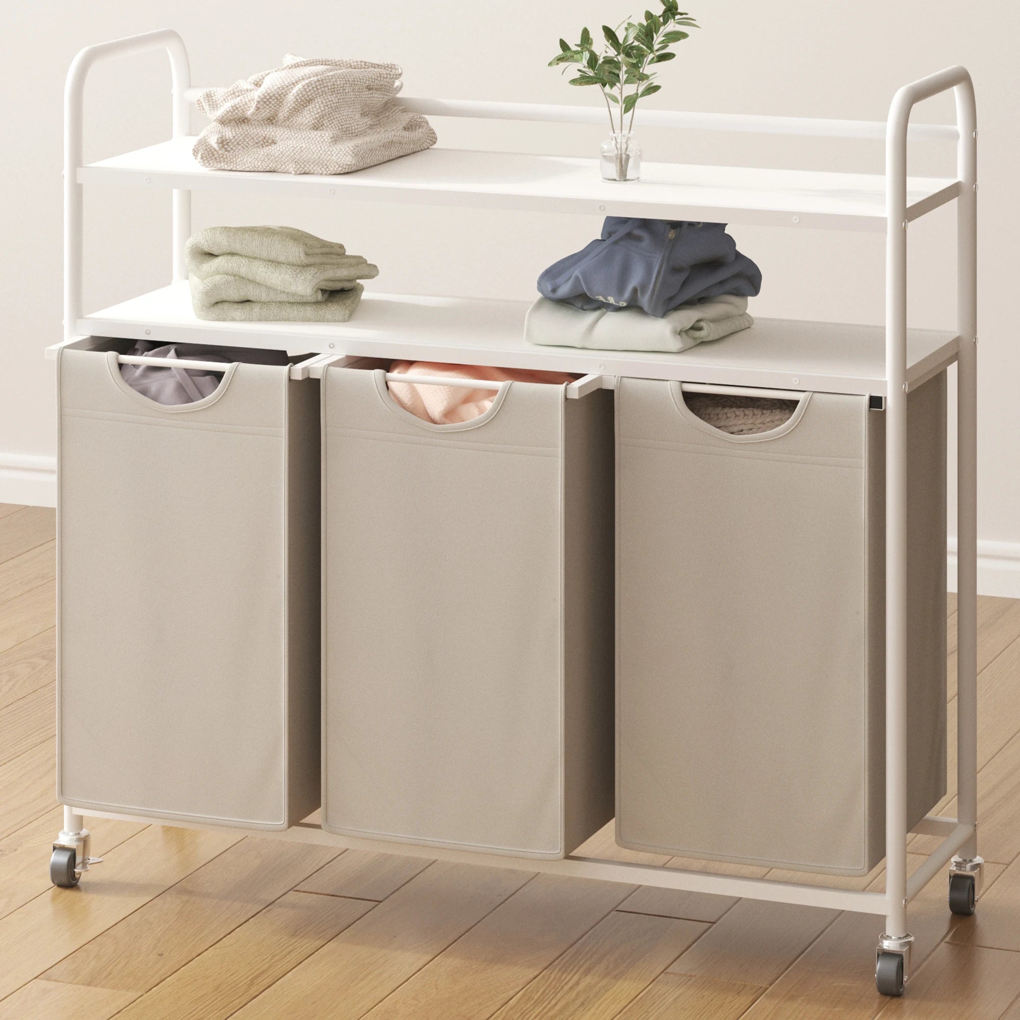 Hzuaneri Cesto para la colada 3 compartimentos, 3 x 46 L, Colector de ropa con 2 estantes, Clasificador de ropa, Bolsa para la colada extensible