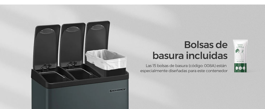 SONGMICS - Papelera de cocina, 3 x 8 L, con tapas, basura triple de acero para pequeñas familias, pedales y cuartos, fácil de limpiar, Plata y Negro/Blanco Crema y Marrón/Blanco Crema y Marrón/Negro/Blanco y Gris