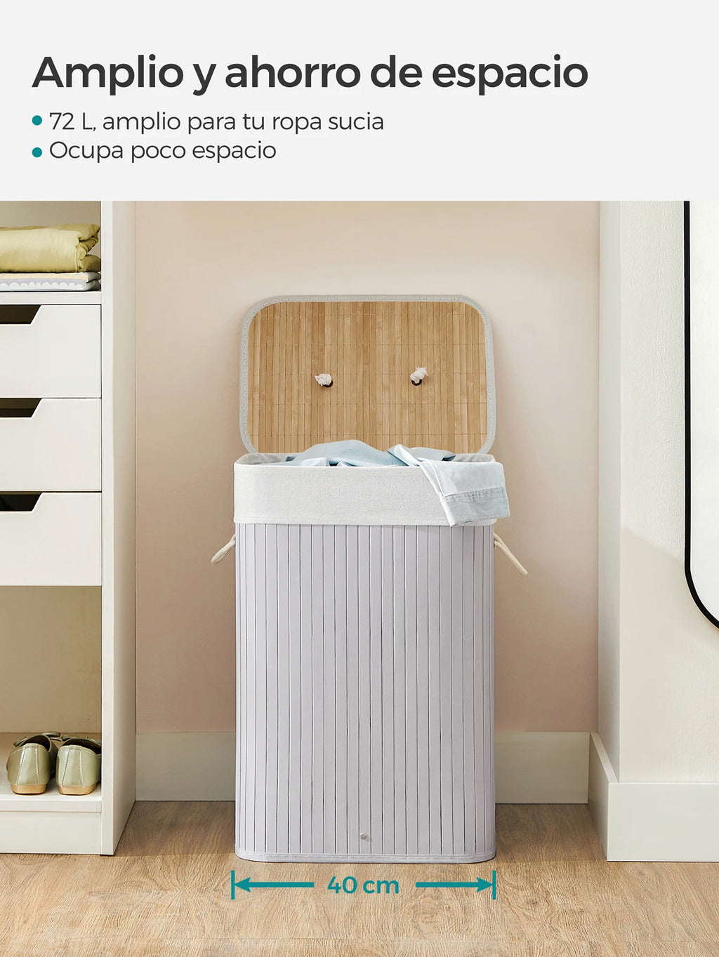 SONGMICS Cesto de la Ropa Sucia con Tapa, 72 L, Cesto de Lavandería de Bambú, Plegable, con Bolsa Lavable Extraíble, Asas, para Lavandería, Dormitorio, Gris/Natural/Negro/Blanco