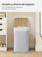 SONGMICS Cesto de la Ropa Sucia con Tapa, 72 L, Cesto de Lavandería de Bambú, Plegable, con Bolsa Lavable Extraíble, Asas, para Lavandería, Dormitorio, Gris/Natural/Negro/Blanco