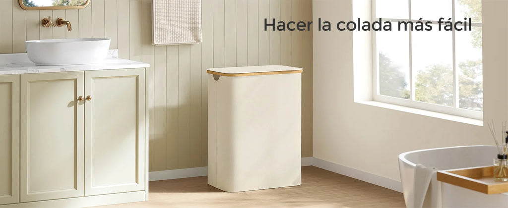 SONGMICS Cesto de Ropa Sucia con Tapa, Gran Cesta Colada de 2 Secciones, 130 L/65 L, Forro de Malla Extraíble, Tejido Oxford, Asas Bambú, Plegable, 52 x 38,5 x 70,5 cm/42 x 22,5 x 70,5 cm, Negro Tinta/Gris Paloma/Blanco Cre
