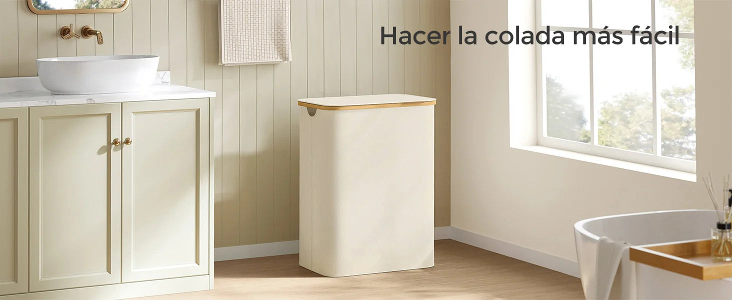SONGMICS Cesto de Ropa Sucia con Tapa, Gran Cesta Colada de 2 Secciones, 130 L/65 L, Forro de Malla Extraíble, Tejido Oxford, Asas Bambú, Plegable, 52 x 38,5 x 70,5 cm/42 x 22,5 x 70,5 cm, Negro Tinta/Gris Paloma/Blanco Cre