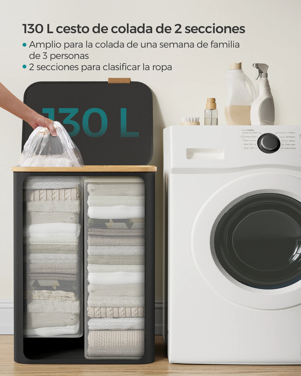 SONGMICS Cesto de Ropa Sucia con Tapa, Gran Cesta Colada de 2 Secciones, 130 L/65 L, Forro de Malla Extraíble, Tejido Oxford, Asas Bambú, Plegable, 52 x 38,5 x 70,5 cm/42 x 22,5 x 70,5 cm, Negro Tinta/Gris Paloma/Blanco Cre