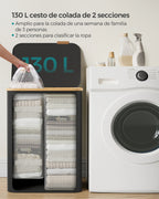 SONGMICS Cesto de Ropa Sucia con Tapa, Gran Cesta Colada de 2 Secciones, 130 L/65 L, Forro de Malla Extraíble, Tejido Oxford, Asas Bambú, Plegable, 52 x 38,5 x 70,5 cm/42 x 22,5 x 70,5 cm, Negro Tinta/Gris Paloma/Blanco Cre