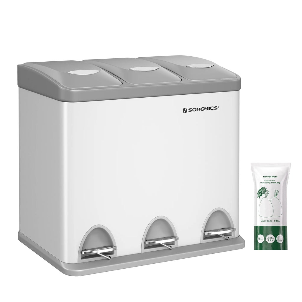 SONGMICS - Papelera de cocina, 3 x 8 L, con tapas, basura triple de acero para pequeñas familias, pedales y cuartos, fácil de limpiar, Plata y Negro/Blanco Crema y Marrón/Blanco Crema y Marrón/Negro/Blanco y Gris