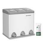SONGMICS - Papelera de cocina, 3 x 8 L, con tapas, basura triple de acero para pequeñas familias, pedales y cuartos, fácil de limpiar, Plata y Negro/Blanco Crema y Marrón/Blanco Crema y Marrón/Negro/Blanco y Gris