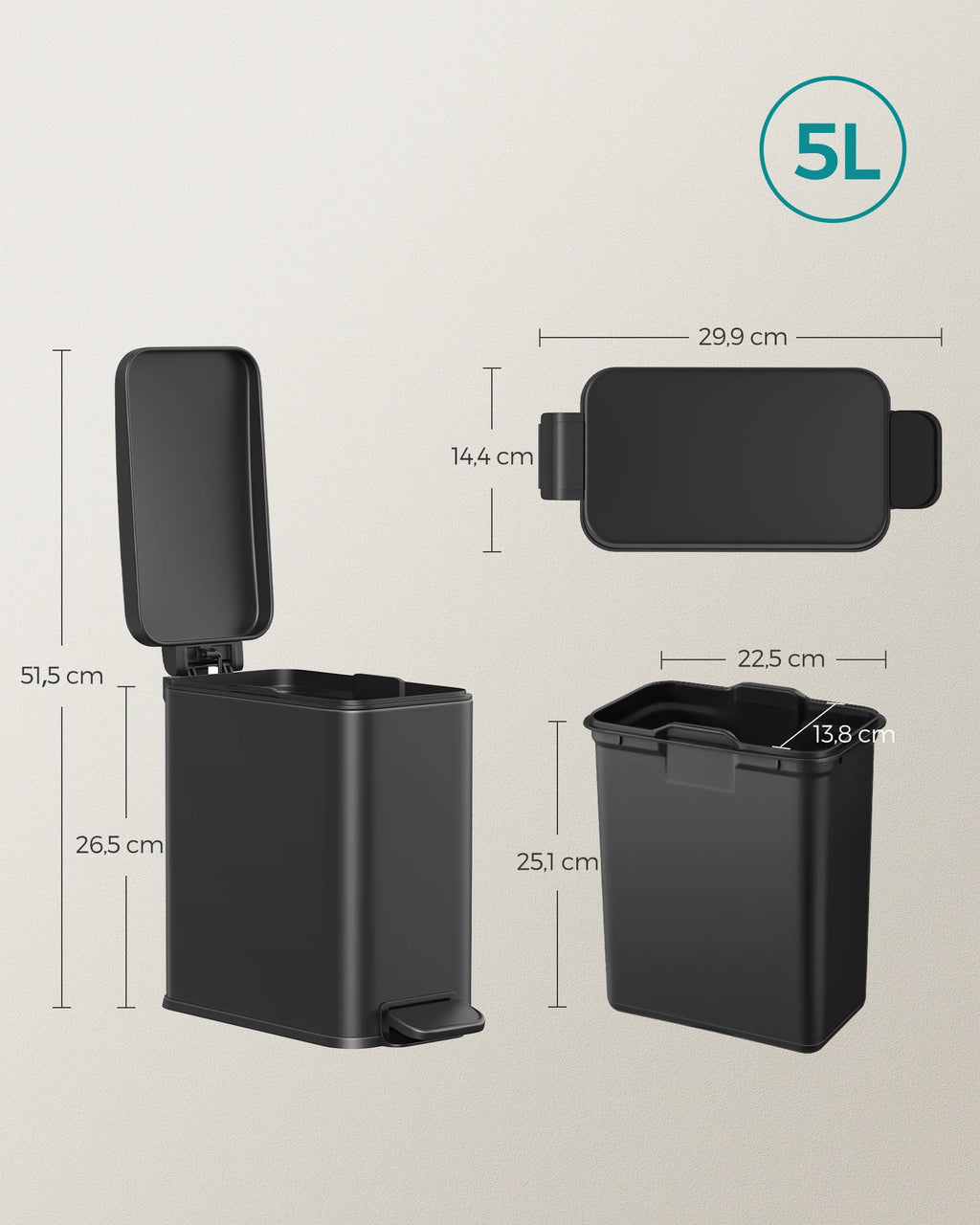 SONGMICS Cubo de Baño, Cubo Basura Pequeño de 5 L con Tapa, Cubo de Inodoro con Pedal, Delgada para Espacios Pequeños, Acero, Cierre Suave, Negro/Blanco/Plata